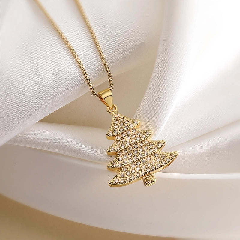 Retro Minimalist Commute Christmas Tree Copper Zircon Inlay Pendant Necklace