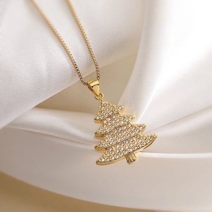 Retro Minimalist Commute Christmas Tree Copper Zircon Inlay Pendant Necklace