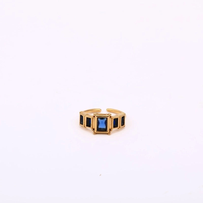 Classic Style Rectangle 304 Stainless Steel Zircon 18K Gold Plated Inlay Open Rings