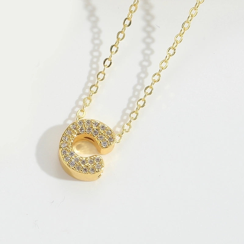 Copper 14K Gold Plated Vintage Style Minimalist Commute Inlay Letter Zircon Pendant Necklace