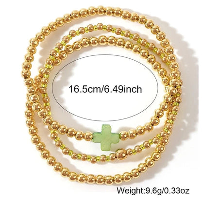Hot Selling Fashionable Golden Luxury Copper Bead Beaded Gothic Cross Women's Stretch Bracelet 3-Piece Set
