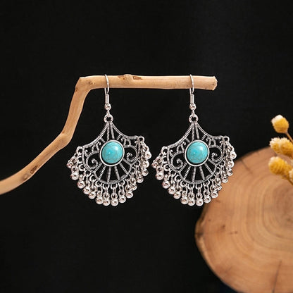 Bohemian Blue Turquoise National Style Earrings Imitation Miao Silver Metal Earrings Vintage Tassel Earrings