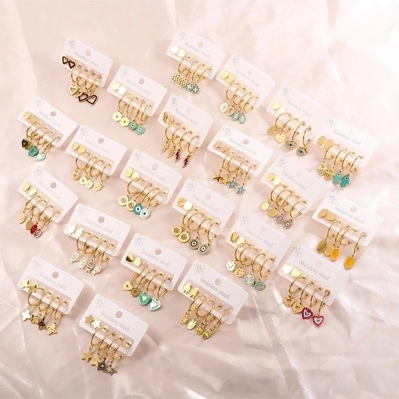 3 Pairs Minimalist Heart Shape Flower Enamel 304 Stainless Steel 18K Gold Plated Drop Earrings Ear Studs