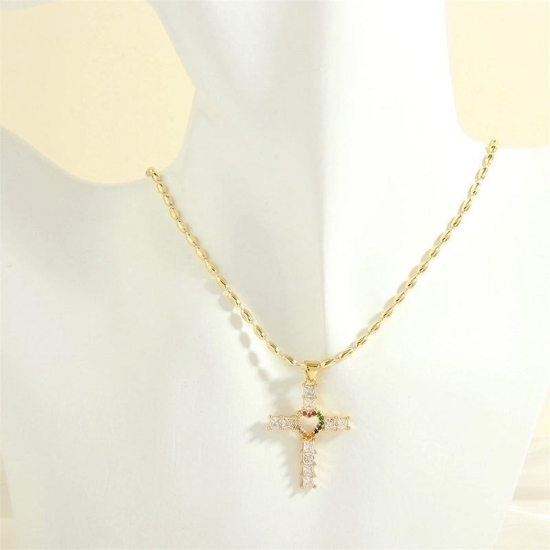 Minimalist Cross Heart Shape Copper 18k Gold Plated Zircon Pendant Necklace In Bulk