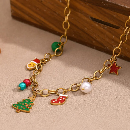 Cute Cartoon Christmas Tree Socks Old Man Pendant Stainless Steel 18k Gold Plated Handmade Chain Christmas Necklace For Women