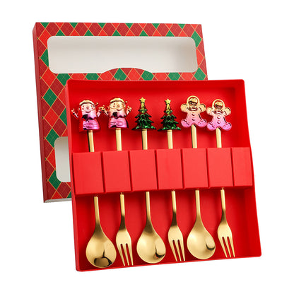 J Christmas Spoon Set Cartoon Colorful Santa Claus Christmas Tree Spoon Fork Coffee Dessert Spoon Gift Box
