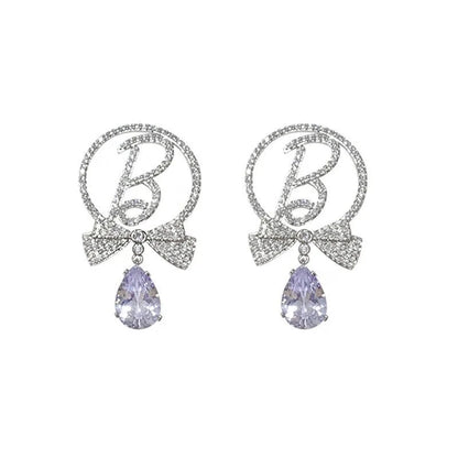 Fashion Heart Shape Bow Knot Copper Inlay Zircon Drop Earrings 1 Pair