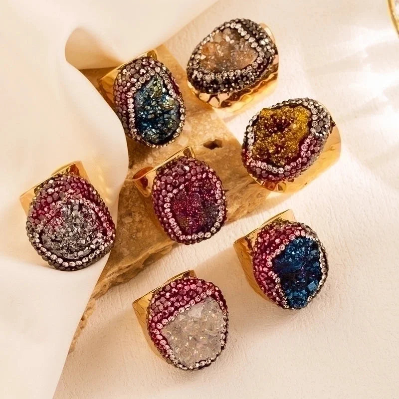 5 Pieces Elegant Retro Irregular Copper Plating Inlay Natural Stone Gold Plated Wide Band Ring