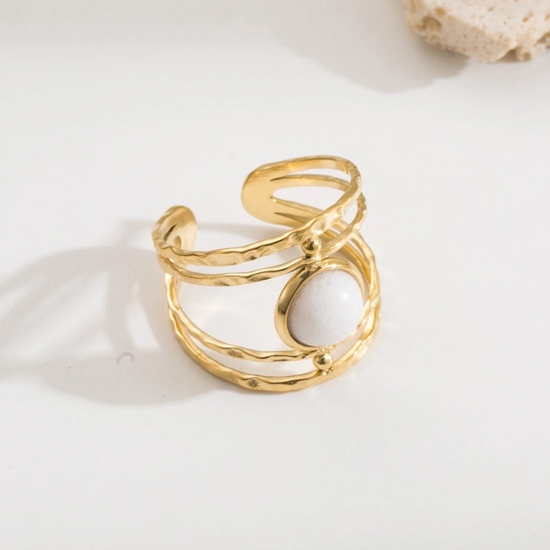 Vintage Style Minimalist Geometric 304 Stainless Steel Natural Stone 18K Gold Plated Inlay Open Rings