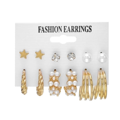 Retro Round Alloy Plating Artificial Pearls Women\'s Earrings Ear Studs 6-piece Set