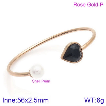 Modern Style Minimalist Heart Shape Stainless Steel Titanium Steel 18K Gold Plated Glass Stone Pearl Bangle In Bulk