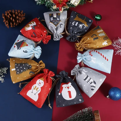 Christmas Bag Linen Drawstring Colorful Cartoon Gift Bag Amazon Christmas Suit 24 Candy Gift Bags