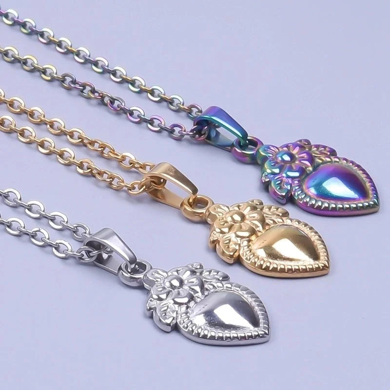 Casual Heart Shape Flower 304 Stainless Steel 18K Gold Plated Pendant Necklace Necklace Pendant
