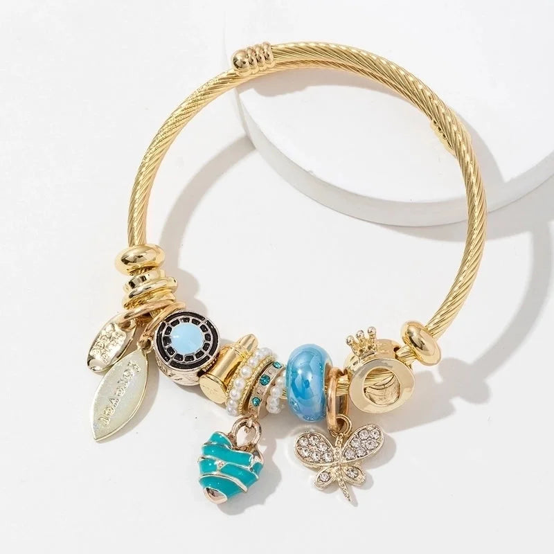 2 Pieces Casual Elegant Lady Heart Shape Dragonfly 304 Stainless Steel Alloy Artificial Crystal Bangle In Bulk