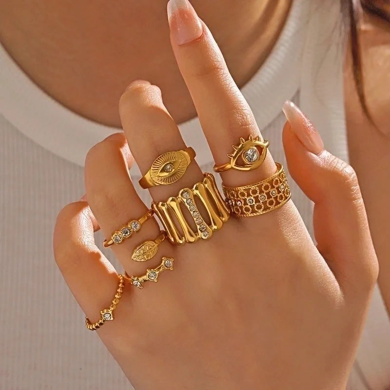 Minimalist Classic Style Round Eye 304 Stainless Steel Rhinestones 18K Gold Plated Plating Inlay Rings