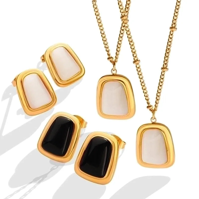 Fashion Geometric 304 Stainless Steel Opal 18K Gold Plated Inlay Earrings Necklace