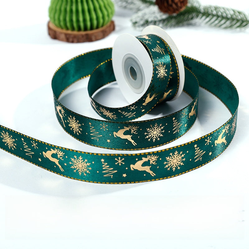 2.5cm Gold Stamping Polyester Ribbon With Flowers Bouquet Gift Wrapping Ribbon Christmas Ribbon With English Text Printed Ribbon