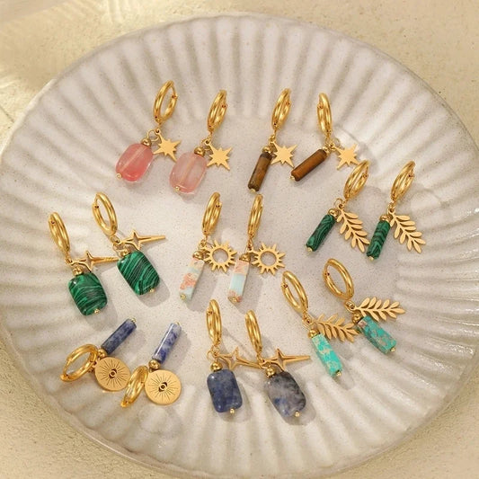 1 Pair Elegant Retro Geometric 201 Stainless Steel Natural Stone Drop Earrings