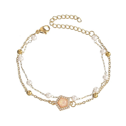 Baroque Style Minimalist Geometric Stainless Steel Artificial Pearl Handmade Inlay Zircon Bracelets