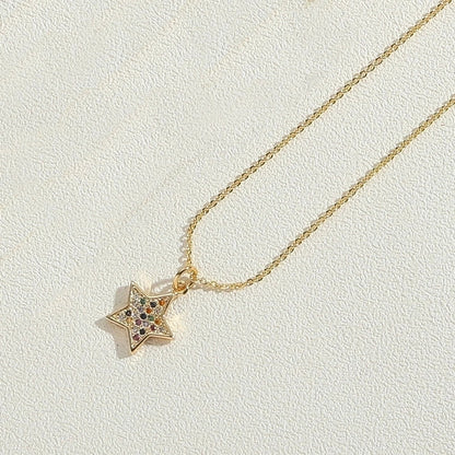 Copper 14K Gold Plated Vintage Style Minimalist Commute Inlay Star Moon Zircon Pendant Necklace