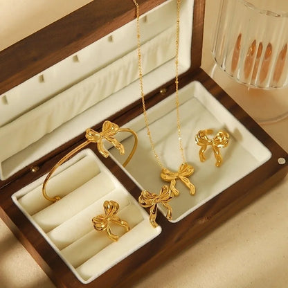 IG Style Sweet Bow Knot 304 Stainless Steel 18K Gold Plated Polishing Rings Earrings Necklace