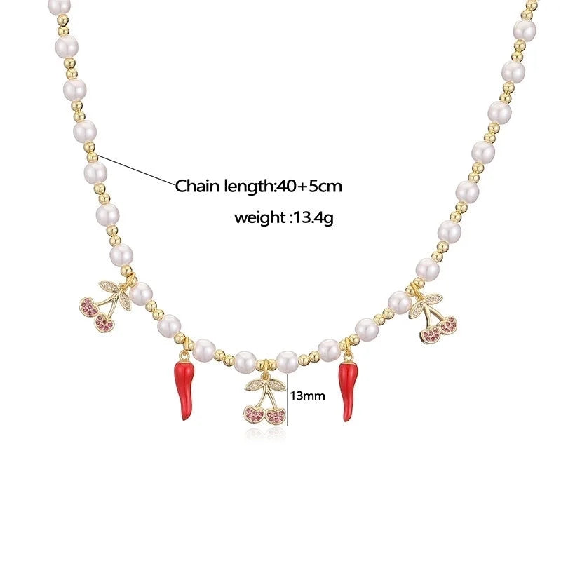 Sweet Cherry Strawberry Copper Enamel Multi Charms Necklace