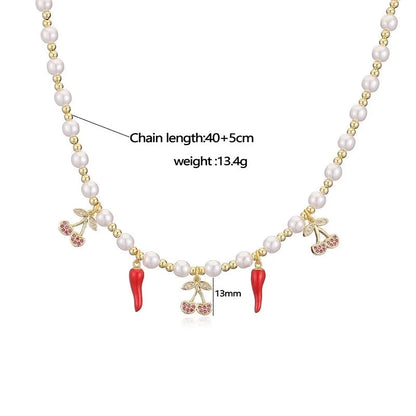 Sweet Cherry Strawberry Copper Enamel Multi Charms Necklace