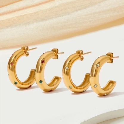 1 Pair Classic Style C Shape Plating Inlay 304 Stainless Steel Artificial Gemstones 16K Gold Plated White Gold Plated Gold Plated Earrings