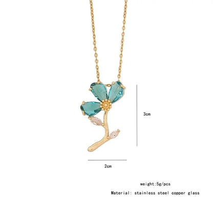 Minimalist Commute Flower 304 Stainless Steel Glass 18K Gold Plated Inlay Pendant Necklace