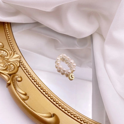 Retro Letter Freshwater Pearl Metal Beaded Plating Rings 1 Piece