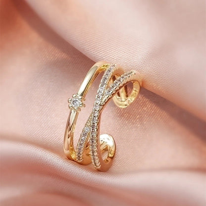 Real Gold Plating Multi-layer Cross Diamond Geometric Open Index Finger Copper Ring