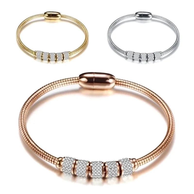 2 Pieces Fashion Round Stainless Steel Inlay Artificial Diamond Bangle 1 Piece
