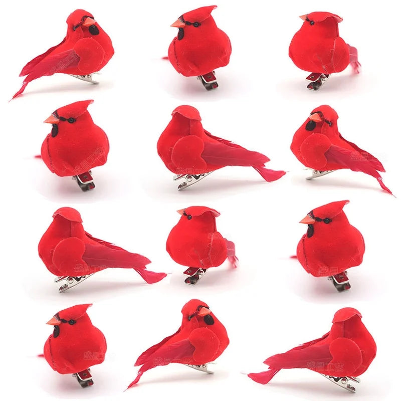 2 Pieces 36 Pcs Red With Iron Clip Christmas Tree Decorations Mini Red Feather Fake Bird Decoration Bird Garland Simulation Cardinals