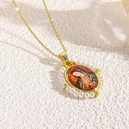 Copper 18K Gold Plated Inlay Human Virgin Mary Acrylic Imitation Pearl Pendant Necklace