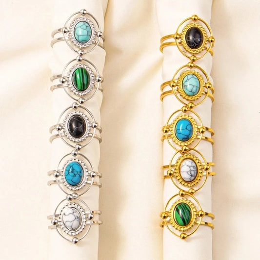 5 Pieces 304 Stainless Steel Retro Inlay Oval Artificial Gemstones Rings