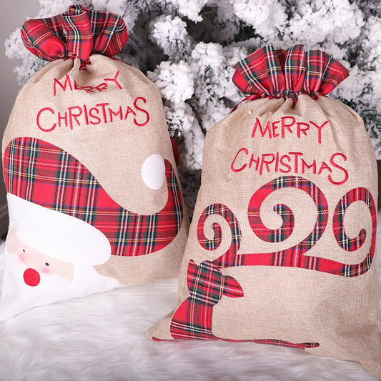 2 Pieces Santa Claus Reindeer Christmas Burlap Gift Bag Drawstring Ribbon Candy Bag Christmas Decoration Apple Bag