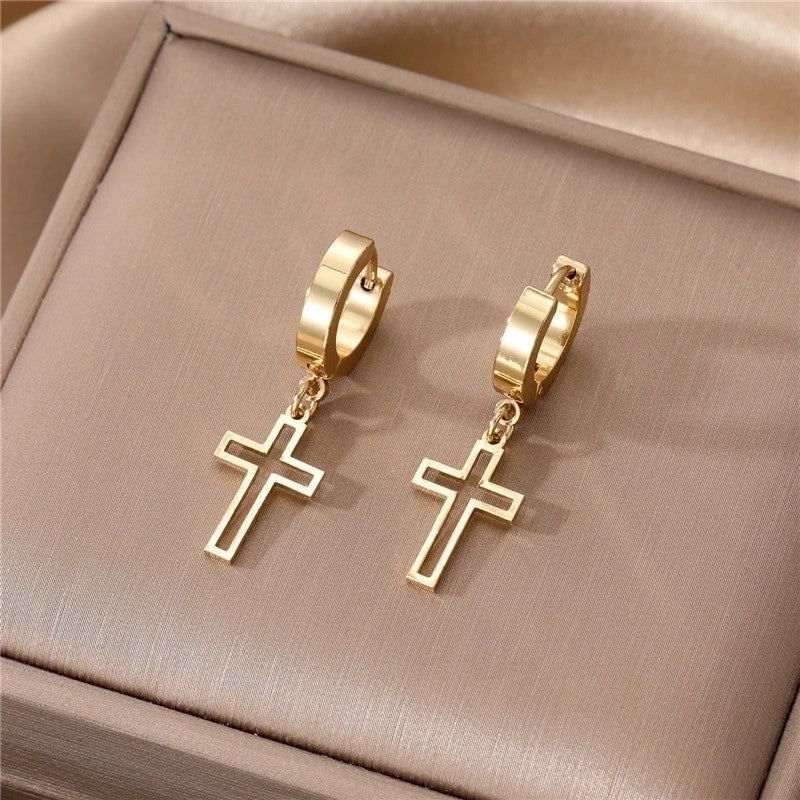 1 Pair Elegant Cross Heart Shape Enamel 201 Stainless Steel Alloy Dangling Earrings