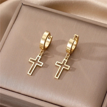1 Pair Elegant Cross Heart Shape Enamel 201 Stainless Steel Alloy Dangling Earrings