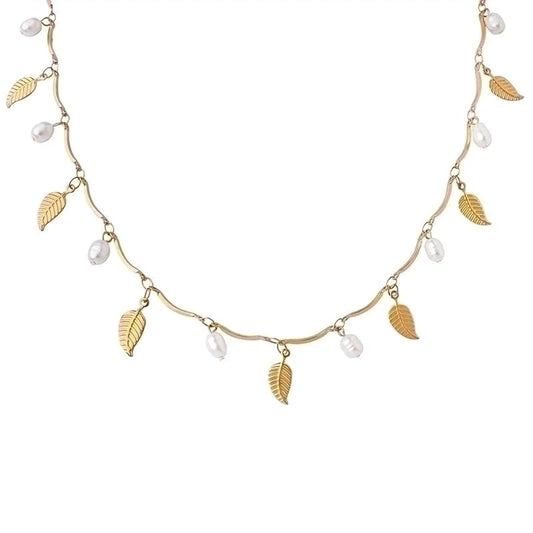 Fashion Leaf 304 Stainless Steel Pearl 18K Gold Plated Plating Choker