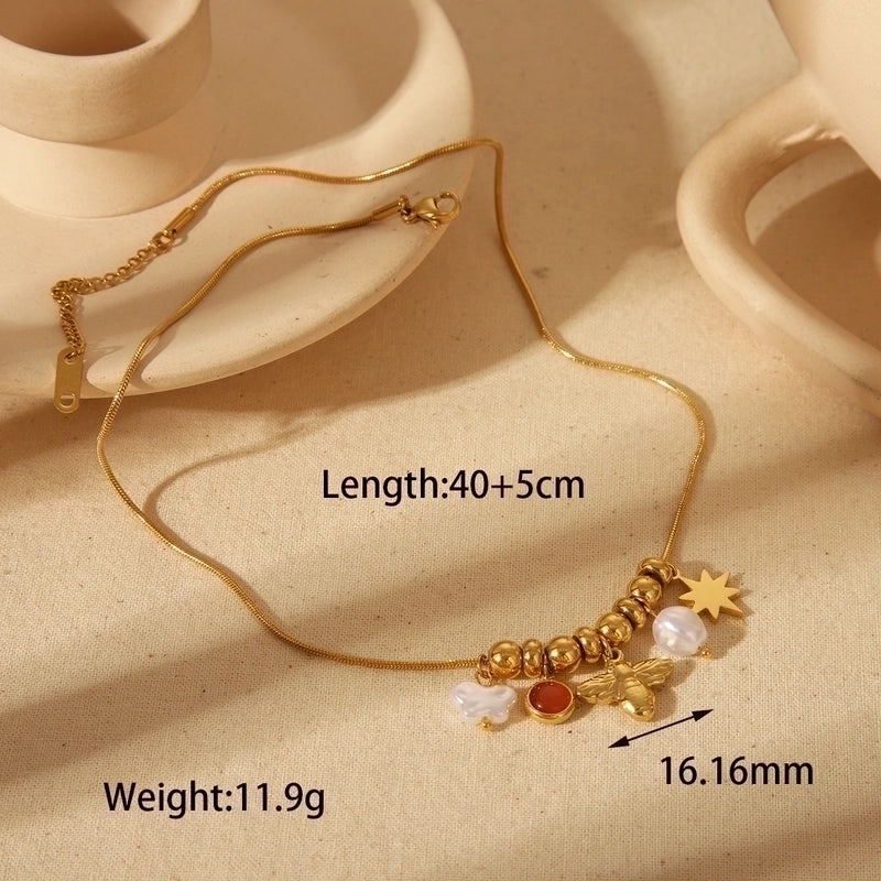 Minimalist Commute Red Heart Flower Bee 304 Stainless Steel Artificial Pearls 18K Gold Plated Epoxy Plating Inlay Pendant Necklace