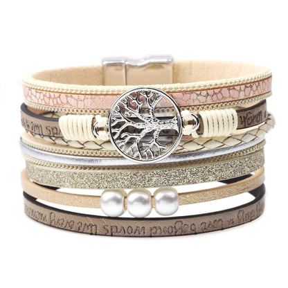 Fashion Hollow Tree Of Life Embossed Letters Pearl Bracelet
