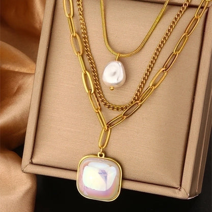 Vintage Style Commute Devil\'s Eye Heart Shape Lock 304 Stainless Steel Turquoise Rhinestones Pearl 18K Gold Plated Plating Inlay Layered Necklaces