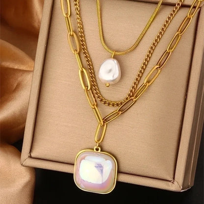 Vintage Style Commute Devil\'s Eye Heart Shape Lock 304 Stainless Steel Turquoise Rhinestones Pearl 18K Gold Plated Plating Inlay Layered Necklaces