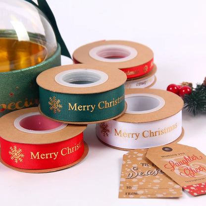 2.5cm Gold Stamping Polyester Ribbon With Flowers Bouquet Gift Wrapping Ribbon Christmas Ribbon With English Text Printed Ribbon