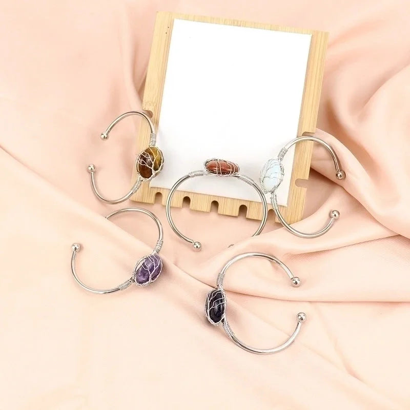 Minimalist Round Artificial Crystal Natural Stone Copper Handmade Bangle