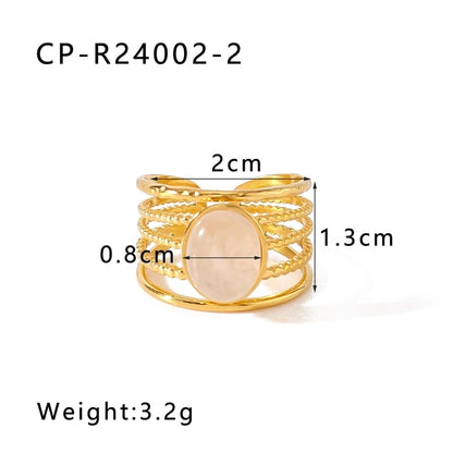 Vintage Style Modern Style Minimalist Oval 304 Stainless Steel Natural Stone 18K Gold Plated Hollow Out Inlay Open Rings