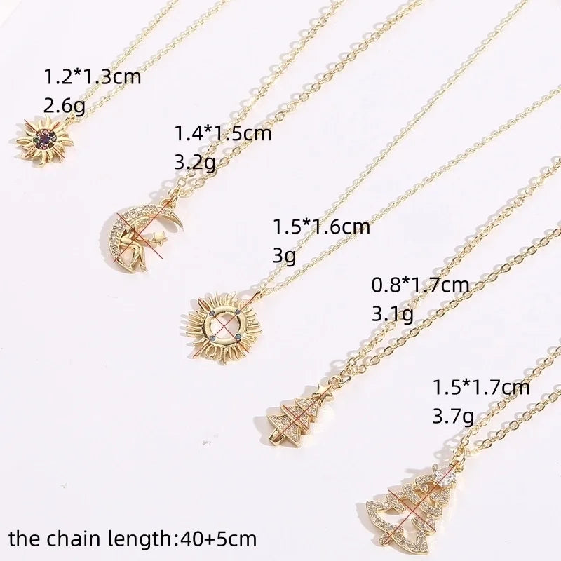 Copper Gold Plated Christmas Tree Sun Moon Zircon Pendant Necklace