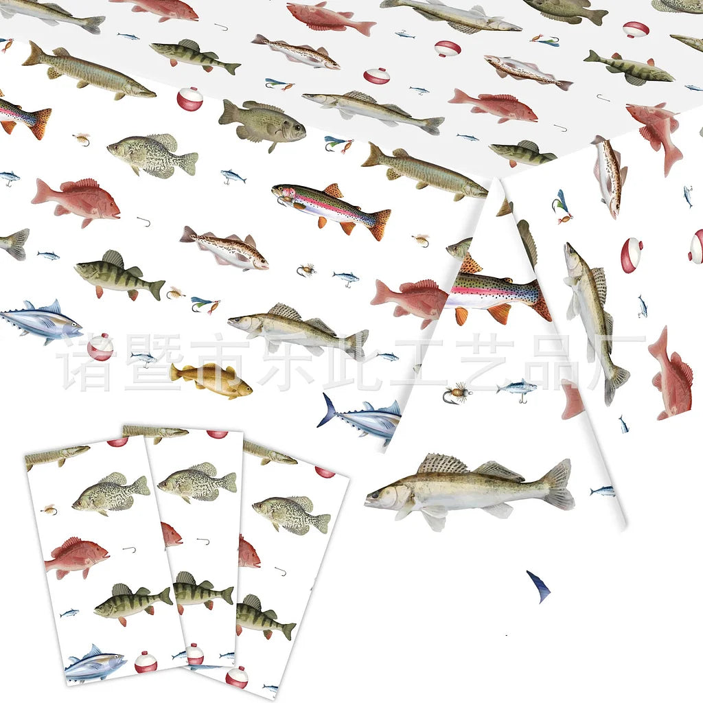 3 Pieces Fishing Theme Party Tableware Outdoor Fishing Bait Fishing Tablecloth Paper Plates Paper Towels Paper Cups Celebration