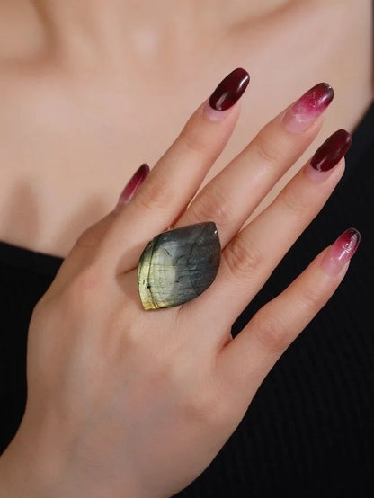 Hip-Hop Punk Irregular Labradorite Asymmetrical Irregular Labradorite Women's Open Rings