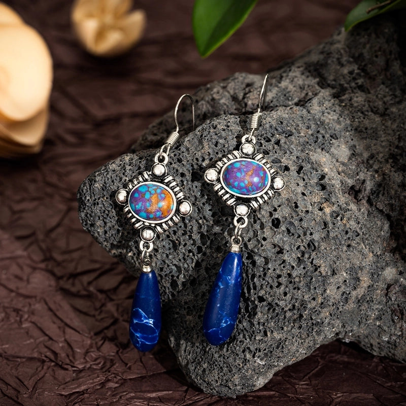 Hot Artistic Retro Geometric Lapis Lazor Ear Drop Bohemian Natural Stone Antique Women\'s Earrings
